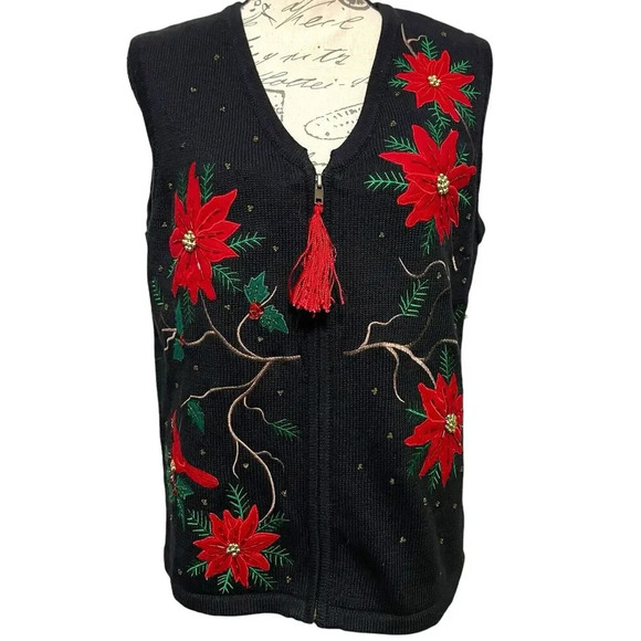 Sarah Bentley Christmas Poinsettia Sweater Vest Size M Full Zip - Picture 2 of 6